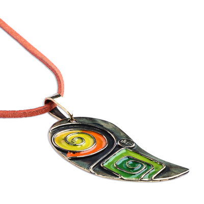 Brass pendant necklace, 'Everlasting Forest' - Hand-Painted Orange and Green Leafy Brass Pendant Necklace
