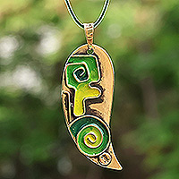 Brass pendant necklace, 'Everlasting Green' - Hand-Painted Green Leafy Brass Pendant Necklace