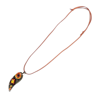 Brass pendant necklace, 'Everlasting Orange' - Hand-Painted Orange Leafy Brass Pendant Necklace