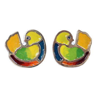 Brass button earrings, 'Fantasy Chants' - Hand-Painted Bird-Shaped Brass Button Earrings from Armenia