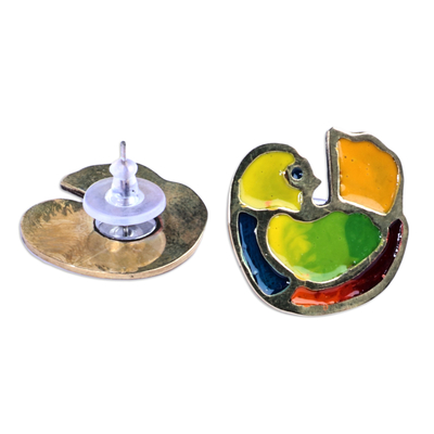 Pendientes de botón de latón - Pendientes de botón de latón con forma de pájaro pintados a mano de Armenia