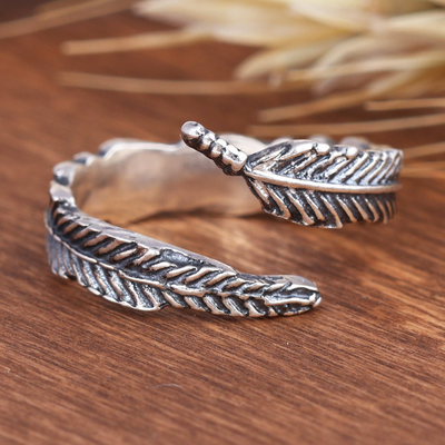 Sterling silver wrap ring, 'Nature's Embrace' - Sterling Silver Leaf Wrap Ring with Oxidized Finish
