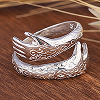 Sterling silver wrap ring, 'You Belong with Me' - Sterling Silver Wrap Ring of Hands with Henna Tattoo