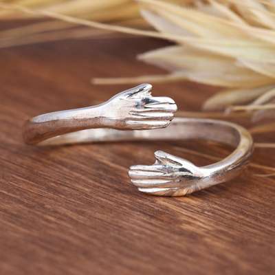 Sterling silver wrap ring, 'Count on Me' - Polished Sterling Silver Wrap Ring of Hands Embracing
