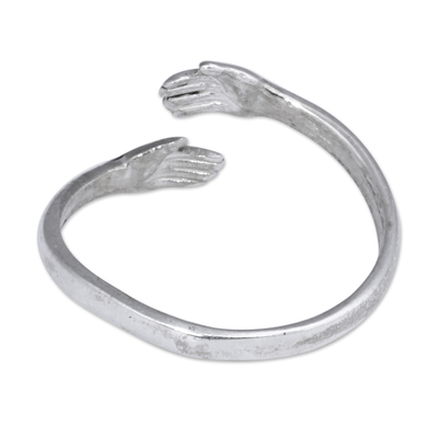 Sterling silver wrap ring, 'Count on Me' - Polished Sterling Silver Wrap Ring of Hands Embracing