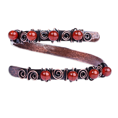 Copper and carnelian wrap bracelet, 'Infinite Flames' - Antique Armenian Copper Wrap Bracelet with Carnelian Beads