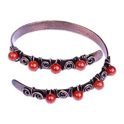 Copper and carnelian wrap bracelet, 'Infinite Flames' - Antique Armenian Copper Wrap Bracelet with Carnelian Beads