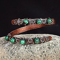 Copper and malachite wrap bracelet, 'Infinite Green' - Antique Armenian Copper Wrap Bracelet with Malachite Beads