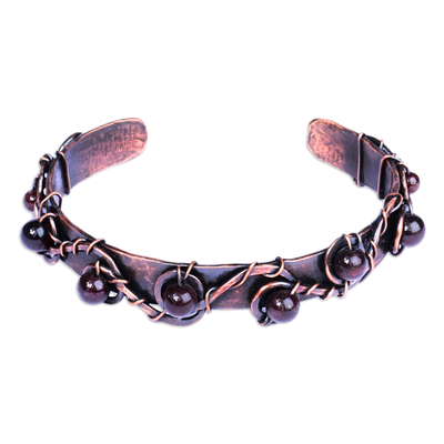 Copper and obsidian cuff bracelet, 'Purity Fruits' - Antiqued Finished Copper Cuff Bracelet with Obsidian Jewels