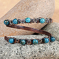 Copper and agate wrap bracelet, 'Infinite Teal' - Antique Armenian Copper Wrap Bracelet with Teal Agate Beads