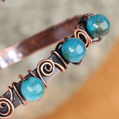 Copper and agate wrap bracelet, 'Infinite Teal' - Antique Armenian Copper Wrap Bracelet with Teal Agate Beads