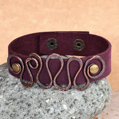 Copper-accented wristband bracelet, 'Glorious Wine' - Faux Wine Leather Wristband Bracelet with Copper Accents