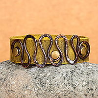 Copper-accented wristband bracelet, 'Glorious Lemon' - Faux Lemon Leather Wristband Bracelet with Copper Accents