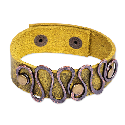 Copper-accented wristband bracelet, 'Glorious Lemon' - Faux Lemon Leather Wristband Bracelet with Copper Accents