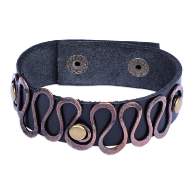 Copper-accented wristband bracelet, 'Glorious Night' - Faux Black Leather Wristband Bracelet with Copper Accents