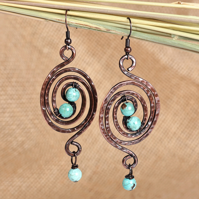 Copper dangle earrings, 'Swirls of Eden' - Antiqued Finished Spiral Copper Dangle Earrings from Armenia