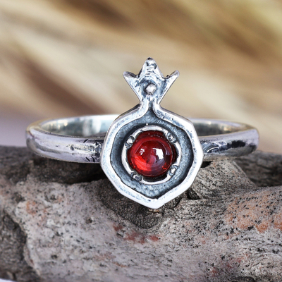 Garnet single stone ring, 'Blossoming Pomegranate' - Pomegranate-Themed Natural Garnet Single Stone Ring