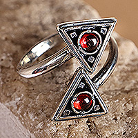 Garnet wrap ring, 'Crimson Connection' - Triangle-Themed Natural Garnet Sterling Silver Wrap Ring
