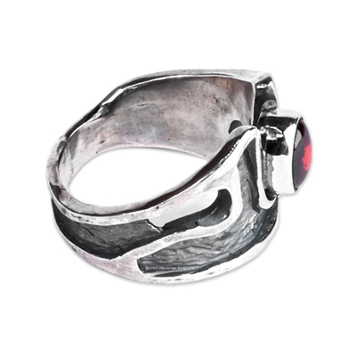 Garnet cocktail ring, 'Passion's Strength' - Abstract Sterling Silver Garnet Cocktail Ring from Armenia