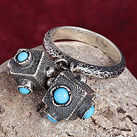 Sterling silver charm ring, 'Symmetry in a Box' - Modern Geometric Reconstituted Turquoise Charm Ring