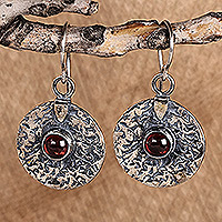 Garnet dangle earrings, 'Cycle of Passion' - Oxidized Round Sterling Silver Garnet Dangle Earrings