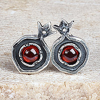 Garnet button earrings, 'Blossoming Pomegranate' - Pomegranate-Themed Natural Garnet Button Earrings