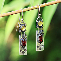 Corundum dangle earrings, 'Evening Radiance' - Sterling Silver Red and Yellow Corundum Dangle Earrings