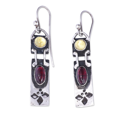 Sterling silver dangle earrings, 'Evening Radiance' - Synthetic Ruby and Sapphire Sterling Silver Dangle Earrings