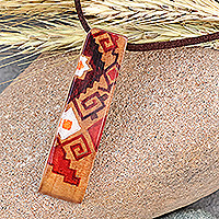 Wood pendant necklace, 'Armenian Signs' - Handmade Classic Geometric Applewood Pendant Necklace