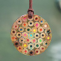 Wood pendant necklace, 'My Colors' - Whimsical Round Beech Wood Pencil Pendant Necklace