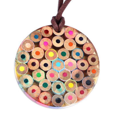 Wood pendant necklace, 'My colours' - Whimsical Round Beech Wood Pencil Pendant Necklace