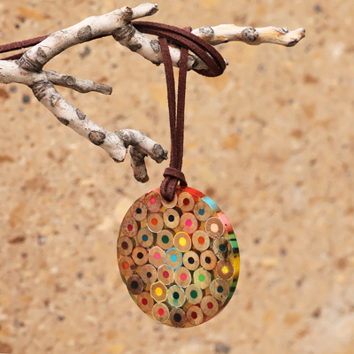 Wood pendant necklace, 'My colours' - Whimsical Round Beech Wood Pencil Pendant Necklace