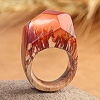 Resin and wood cocktail ring, 'Forest Flames' - Red Resin Pear Wood Cocktail Ring Crafted in Armenia