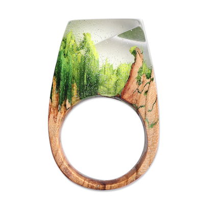 Resin and wood cocktail ring, 'River Dream' - Nature-Themed Resin Pear Wood Cocktail Ring from Armenia
