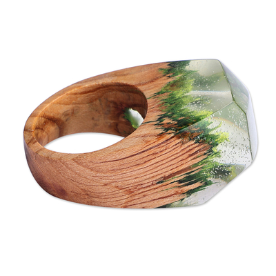 Resin and wood cocktail ring, 'River Dream' - Nature-Themed Resin Pear Wood Cocktail Ring from Armenia