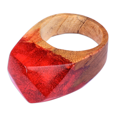Resin and wood cocktail ring, 'Lava Diving' - Vibrant Red Resin Apricot Wood Cocktail Ring from Armenia
