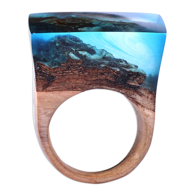 Resin and wood cocktail ring, 'Dream Lake' - Handmade Blue Nature-Themed Resin and Pearwood Cocktail Ring