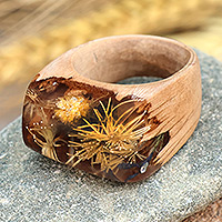 Natural flower cocktail ring, 'Dandelion Fragment' - Handcrafted Natural Dandelion Flower Wooden Cocktail Ring