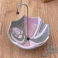 Glazed ceramic jewelry stand, 'Inverted Sweet Umbrella' - Glazed Pink and Grey Ceramic Umbrella Jewelry Stand Catchall