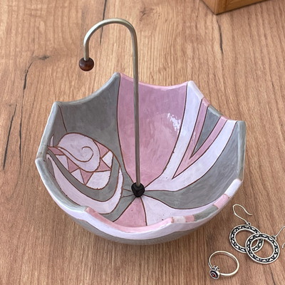 Soporte para joyas de cerámica esmaltada - Soporte de joyería para paraguas de cerámica rosa y gris esmaltado Catchall