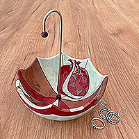 Schmuckständer aus glasierter Keramik, „Inverted Pomegranate Umbrella“ – Schmuckständer aus glasierter roter und grüner Keramik mit Regenschirm-Schmuckständer