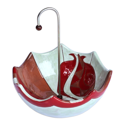Glazed ceramic jewelry stand, 'Inverted Pomegranate Umbrella' - Glazed Red and Green Ceramic Umbrella Jewelry Stand Catchall