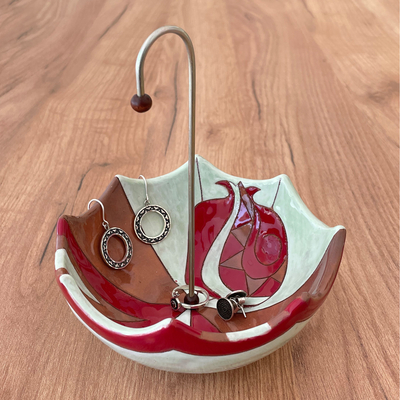 Glazed ceramic jewellery stand, 'Inverted Pomegranate Umbrella' - Glazed Red and Green Ceramic Umbrella jewellery Stand Catchall