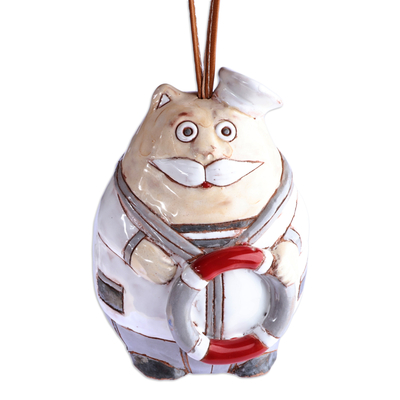 Ceramic bell ornament, 'Captain Cat' - Painted Nautical Cat Ceramic Bell Ornament with Leather Cord