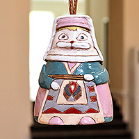 Ceramic bell ornament, 'Madam Cat' - Painted Feline Lady Ceramic Bell Ornament with Leather Cord