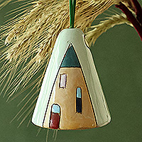 Glazed ceramic ornament, 'House and Nature' - Handmade Glazed Ceramic Bell Ornament with House Motif