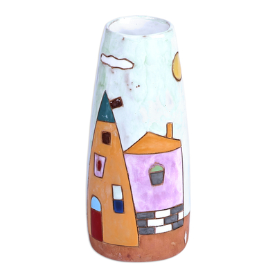Glazed ceramic vase, 'Lovely Homes' - Armenian Hand-Painted Glazed Ceramic Vase with House Motif