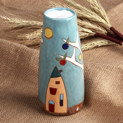 Glazed ceramic vase, 'Pomegranate Tree in Teal' - Glazed Ceramic Vase with Pomegranate Tree Motif in Teal