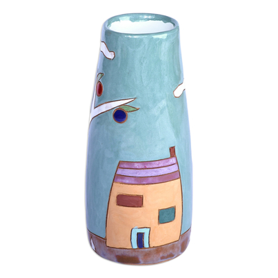 Glazed ceramic vase, 'Pomegranate Tree in Teal' - Glazed Ceramic Vase with Pomegranate Tree Motif in Teal