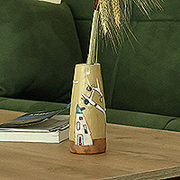 Glazed ceramic vase, 'Pomegranate Tree in Honey' - Glazed Ceramic Vase with Pomegranate Tree Motif in Yellow